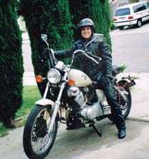 Sandy riding her first motorcycle which was a Pearl Yamaha Route 66